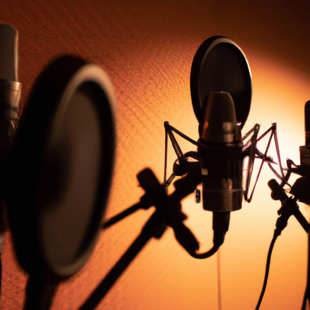 Students and coach in a modern Canadian voiceover studio, standing by microphones and pop filters, warm lighting, focused expressions
